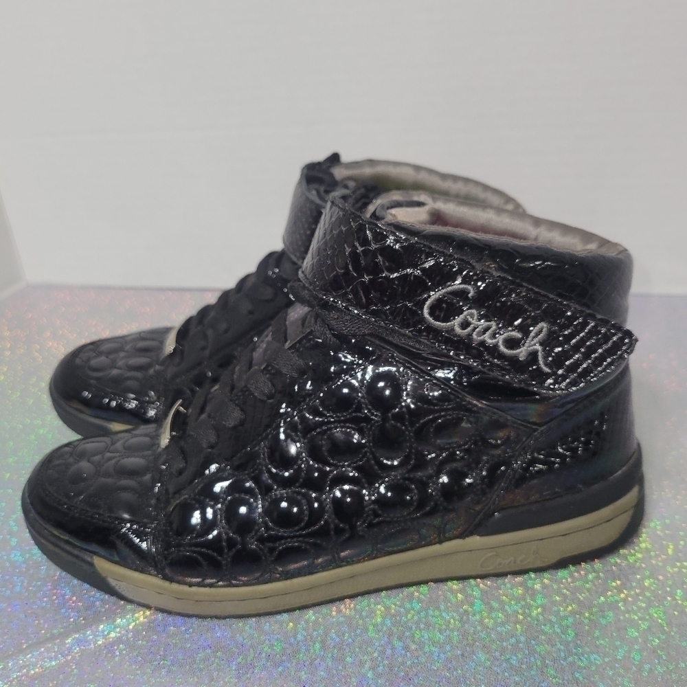 Y2k Coach Nanette High Top Sneakers Cs Monogram Black Patent Leather sz:8 - Picture 2 of 9